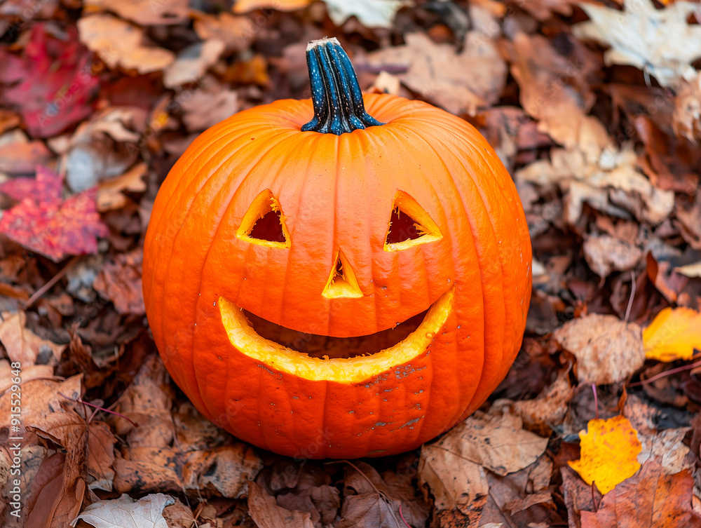 Carved Halloween Pumpkin with Glowing Smile in Autumn Leaves Carved Halloween Pumpkin with Glowing Smile in Autumn Leaves