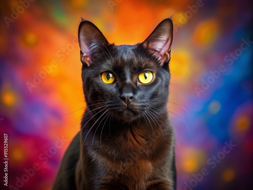 Vibrant Bombay cat with copper eyes and dark brown coat posed on bright turquoise, yellow, pink, or orange backgrounds, showcasing striking fur and captivating gaze.