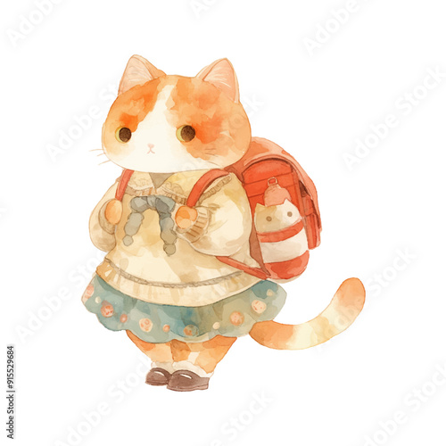 Travel with a cat concept vector illustration with cat sitting in front of suitcases Travelling with pets flat design image cute happy cat with bagpack watercolor