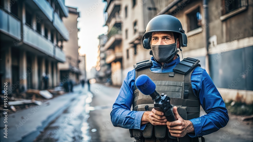 Journalist in bulletproof blue press gear reporting from the frontlines, journalist, bulletproof, blue, press gear Journalist in bulletproof blue press gear reporting from the frontlines, journalist, bulletproof, blue, press gear