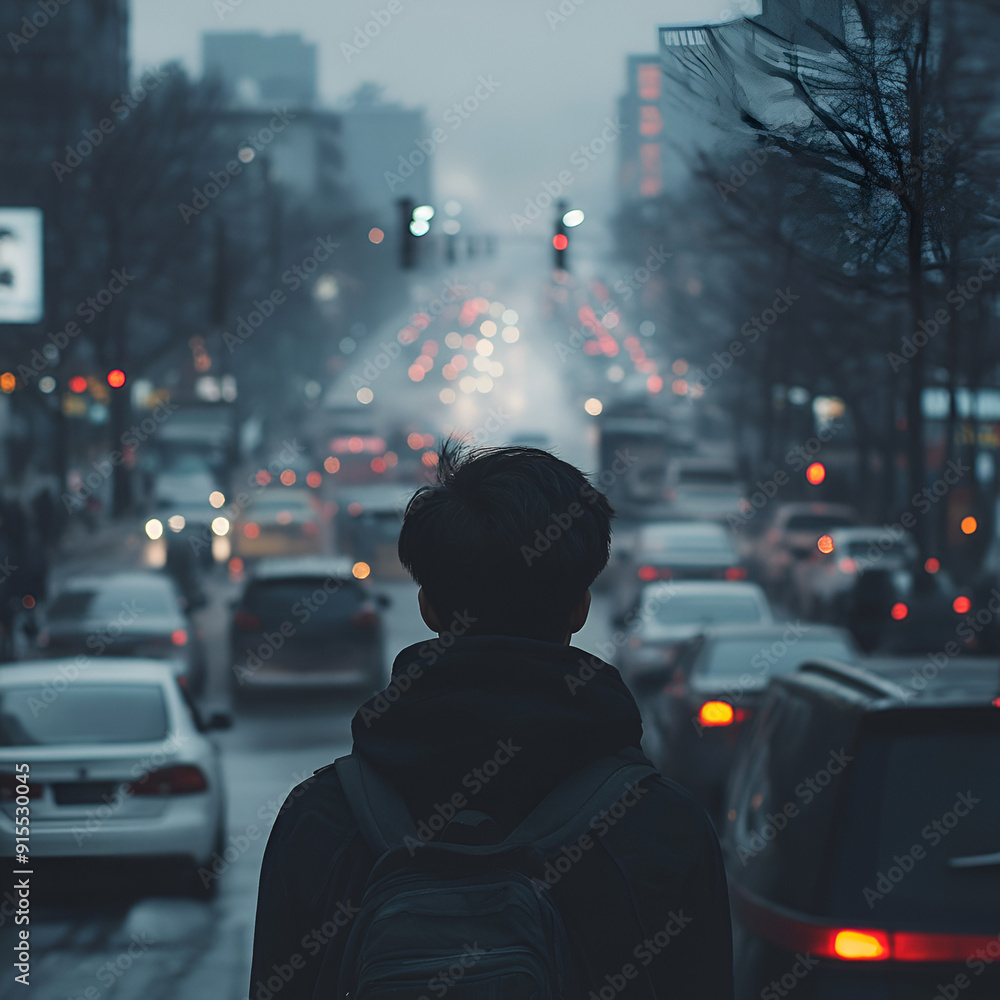 A youth looks around at a busy street full of cars emitting fossil fuels, dark coloured exhaust fumes, sad vibe, youth looks sad, smog A youth looks around at a busy street full of cars emitting fossil fuels, dark coloured exhaust fumes, sad vibe, youth looks sad, smog