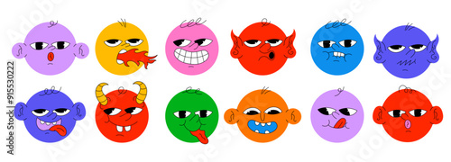Round Abstract Comic Faces with Different Emotions Colourful modern vector illustration with shapes happy sad angry smile faces for children. Flat design. Set of vector emoticons.