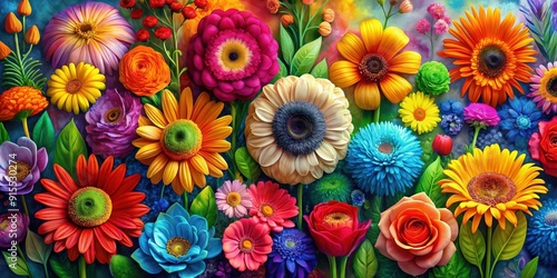 Vibrant oil-painted flowers in various bright colors, artificial intelligence, stock photo, oil painting, flowers