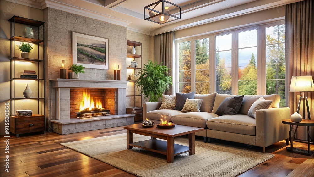 Warm and cozy living room interior with a fireplace, comfy sofa, and natural light, home, house, interior design Warm and cozy living room interior with a fireplace, comfy sofa, and natural light, home, house, interior design