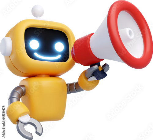 3d Vector AI robot holding megaphone, Artificial intelligence technology for digital marketing concept.