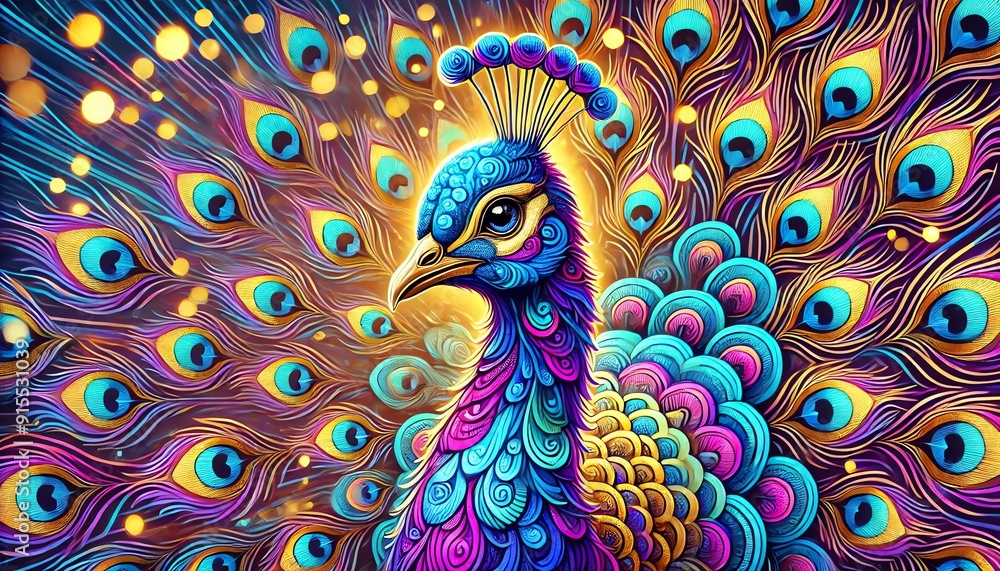 Fototapeta premium A colorful, abstract watercolor painting of a peafowl