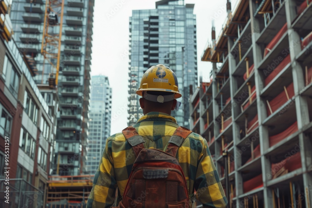Worker In Hi Vis Vest And Helmet Stands Among Tall Photo Inspiration