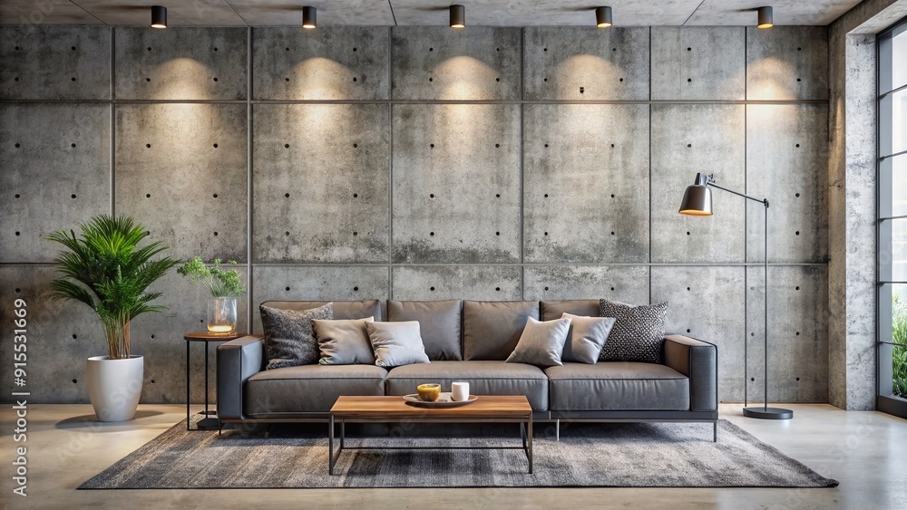 Sleek grey sofa stands out against a backdrop of industrial chic concrete tiled wall in a minimalist loft living room with modern touches. Sleek grey sofa stands out against a backdrop of industrial chic concrete tiled wall in a minimalist loft living room with modern touches.