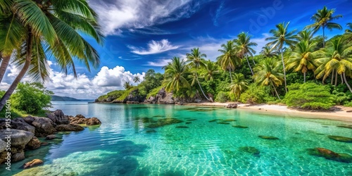 Tropical coastal cove with crystal clear water and palm trees, Tropical, coastal, cove, beach, ocean, water, palm trees