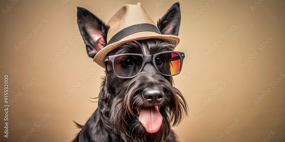 Adorable black Scottish terrier dog strikes a pose, donning trendy sunglasses and stylish hat, exuding cool confidence with ears perked up and tongue out. Adorable black Scottish terrier dog strikes a pose, donning trendy sunglasses and stylish hat, exuding cool confidence with ears perked up and tongue out.