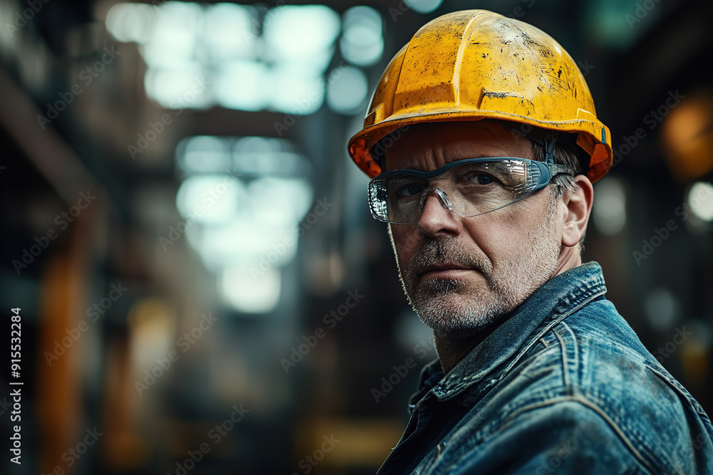 Professional middle-aged steel plant worker with a yellow helmet and safety glasses, gazing at the camera with an indistinct industrial backdrop, captured with a Sony Alpha a7 III camera and Sony FE m Professional middle-aged steel plant worker with a yellow helmet and safety glasses, gazing at the camera with an indistinct industrial backdrop, captured with a Sony Alpha a7 III camera and Sony FE m