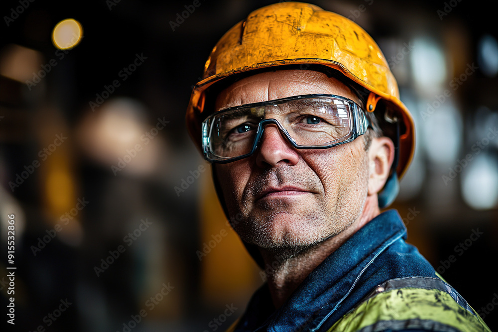Middle-aged safety-conscious worker in a steel plant with a yellow helmet and safety glasses, looking straight at the camera, with a blurred factory scene behind him, expertly photographed using a Son Middle-aged safety-conscious worker in a steel plant with a yellow helmet and safety glasses, looking straight at the camera, with a blurred factory scene behind him, expertly photographed using a Son