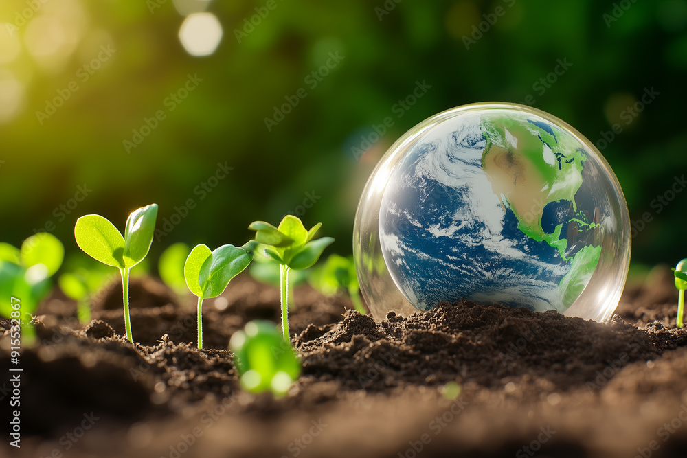 the Earth , surrounded by sprouting plants and trees on rich soil in natural sunlight. the glowing earth. This concept symbolizes environmental protection and global food security. the Earth , surrounded by sprouting plants and trees on rich soil in natural sunlight. the glowing earth. This concept symbolizes environmental protection and global food security.