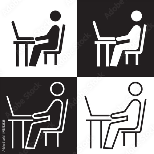 User working with computer vector icon, person with laptop vector icon black and white. Vector illustration. Eps 10