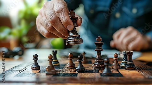 Chessboard and pieces poised for battle, a strategic game of kings and pawns photo