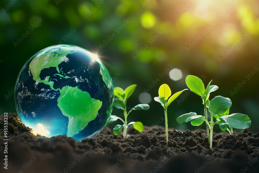 the Earth , surrounded by sprouting plants and trees on rich soil in natural sunlight. the glowing earth. This concept symbolizes environmental protection and global food security. the Earth , surrounded by sprouting plants and trees on rich soil in natural sunlight. the glowing earth. This concept symbolizes environmental protection and global food security.