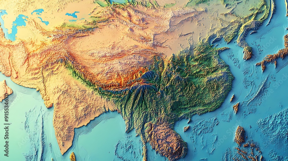 High-Resolution Physical Map of Asia with 3D Elevation Details High-Resolution Physical Map of Asia with 3D Elevation Details