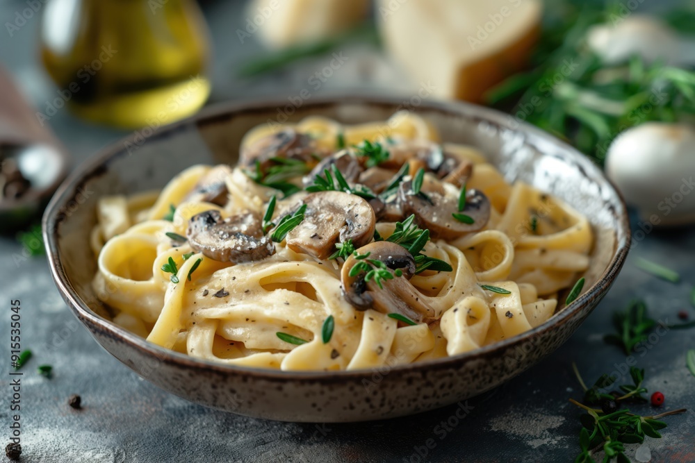 Creamy mushroom fettuccine pasta with fresh herbs in a bowl Creamy mushroom fettuccine pasta with fresh herbs in a bowl