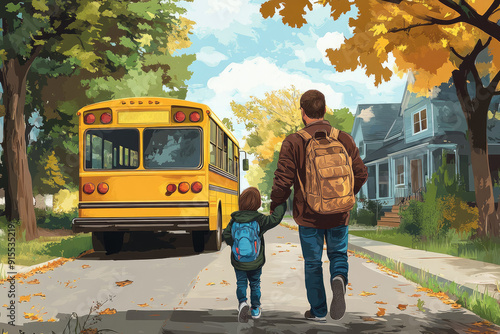 Father and Son Walking to School Bus on a Bright Autumn Morning photo