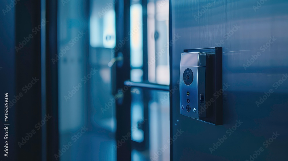 A close-up shot of a modern intercom system installed on a wall, featuring a sleek, metallic design. Generative AI A close-up shot of a modern intercom system installed on a wall, featuring a sleek, metallic design. Generative AI