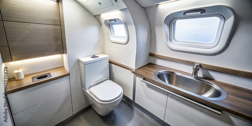 Minimalist toilet and sink compartment with sleek white walls and a small window, aboard a commercial airliner, capturing a rare glimpse of in-flight amenities. Minimalist toilet and sink compartment with sleek white walls and a small window, aboard a commercial airliner, capturing a rare glimpse of in-flight amenities.