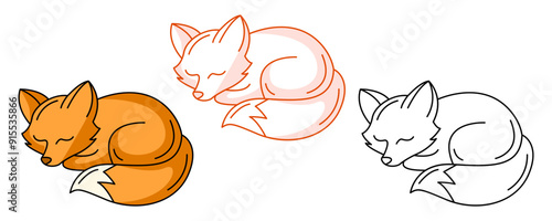 Cute sleeping fox, colorful and line icon set. Forest predatory mammal animal, fall seasonal concept, vector flat outline icon, monochrome red and color illustration. For logo, sticker, coloring book