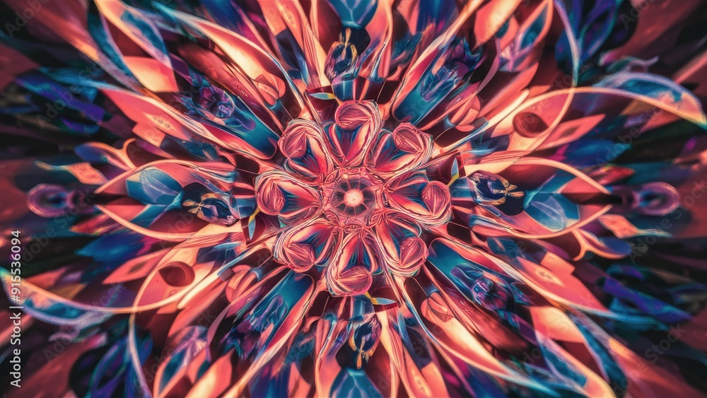 Vibrant Abstract Symmetrical Design Decorative Kaleidoscopic Movement Featuring Geometric Circles and Floral Elements Vibrant Abstract Symmetrical Design Decorative Kaleidoscopic Movement Featuring Geometric Circles and Floral Elements
