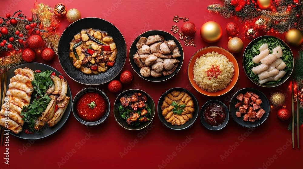 Fototapeta premium Festive Holiday Feast with Variety of Dishes on Red Table