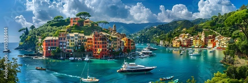 Boats in a Mediterranean harbor with a scenic view of the town, bay, and coast, reflecting a summer day in Greece or Italy photo