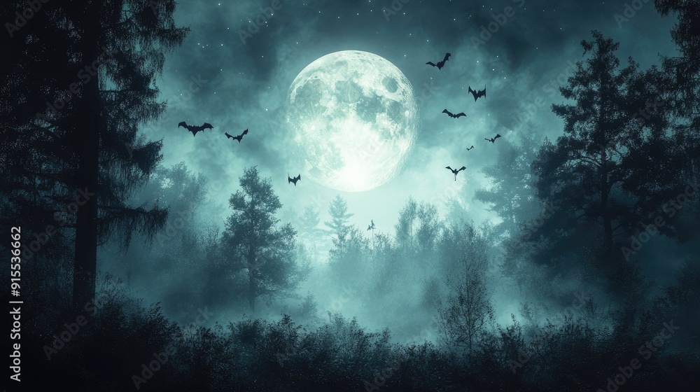 Eerie Full Moon Night with Bats Flying Over Foggy Forest Eerie Full Moon Night with Bats Flying Over Foggy Forest