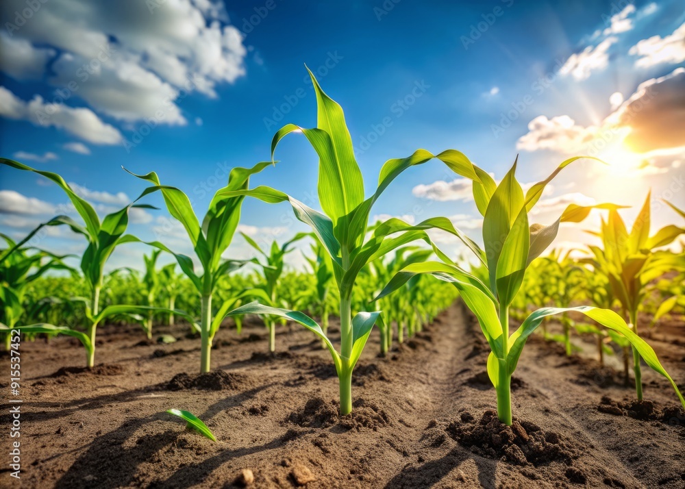 Vibrant green corn seedlings sway gently in the breeze on a sunny day, growing strong on fertile farmland in a rural landscape. Vibrant green corn seedlings sway gently in the breeze on a sunny day, growing strong on fertile farmland in a rural landscape.