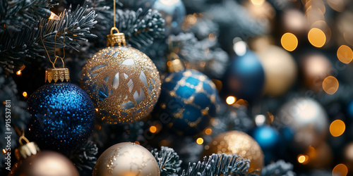 Gold, silver and blue Christmas ornaments  - a close up view of ornate decorations surruonded by warm twinkle lights on a flocked tree
