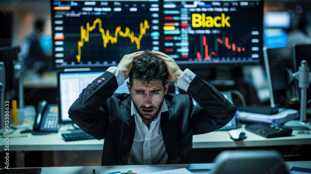 Worried man looking at his screen in his stock exchange office. black monday concept, fall in values Worried man looking at his screen in his stock exchange office. black monday concept, fall in values