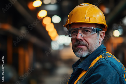 Middle-aged steel plant worker in safety gear and a yellow helmet, confidently facing the camera with a blurry industrial setting behind. Focuses on safety and industrial 