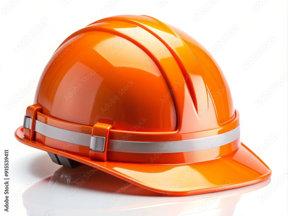 Vibrant orange hard hat with reflective stripe and adjustable chin strap sits isolated on a pristine white background, ready for construction or industrial use. Vibrant orange hard hat with reflective stripe and adjustable chin strap sits isolated on a pristine white background, ready for construction or industrial use.