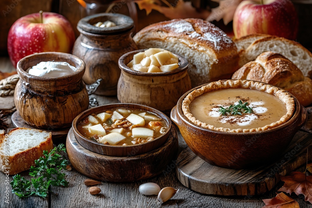 Traditional autumn harvest feast with warm dishes. Generative AI Traditional autumn harvest feast with warm dishes. Generative AI