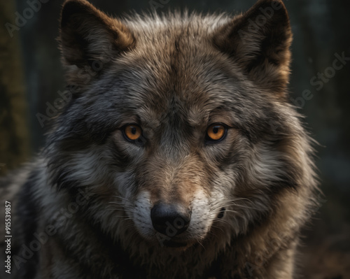 Intense Wolf Portrait with Amber Eyes