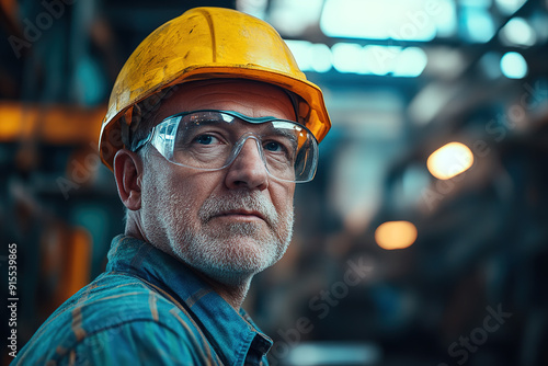  Middle-aged professional in a steel plant, equipped with a yellow helmet and safety glasses, with a blurred industrial backdrop. Highlights safety and manufacturing skills.