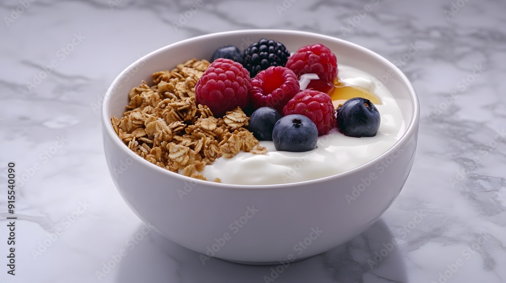 A bowl of creamy yogurt topped with granola, honey, and fresh berries, arranged on a marble countertop, capturing a healthy and balanced breakfast option A bowl of creamy yogurt topped with granola, honey, and fresh berries, arranged on a marble countertop, capturing a healthy and balanced breakfast option