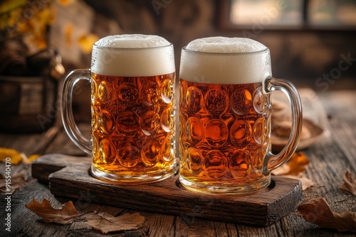 Mug beer. Full glasses of mug beer. Oktoberfest beer festival in Germany