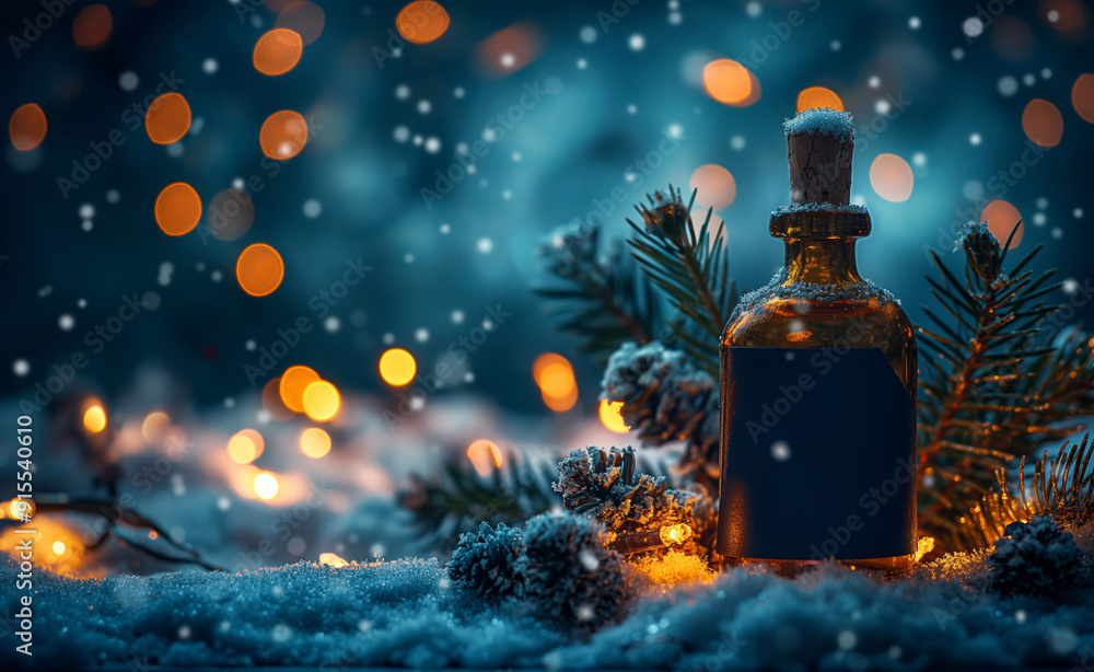Glowing Bottle with Pinecones and Branches in a Snowy Winter Scene with Warm Bokeh Lights
Glowing Bottle with Pinecones and Branches in a Snowy Winter Scene with Warm Bokeh Lights