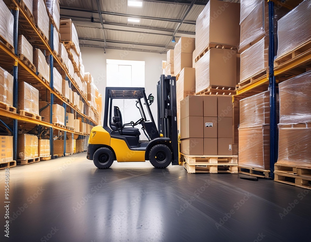 Naklejka premium Forklift loads pallets and boxes in warehouse