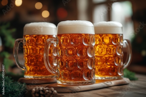 Mug beer. Full glasses of mug beer. Oktoberfest beer festival in Germany