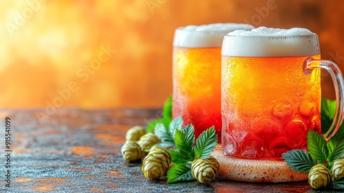 Mug beer. Full glasses of mug beer. Oktoberfest beer festival in Germany photo