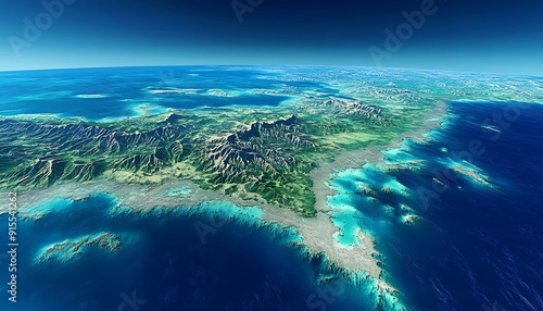 3D Satellite View of the Great Barrier Reef with Detailed Topography photo