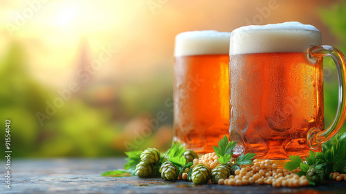 Mug beer. Full glasses of mug beer. Oktoberfest beer festival in Germany photo