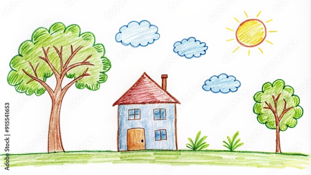 Whimsical child's drawing of a house with a tree on white background, child, drawing, house, tree, whimsical, home, art, sweet, simple Whimsical child's drawing of a house with a tree on white background, child, drawing, house, tree, whimsical, home, art, sweet, simple