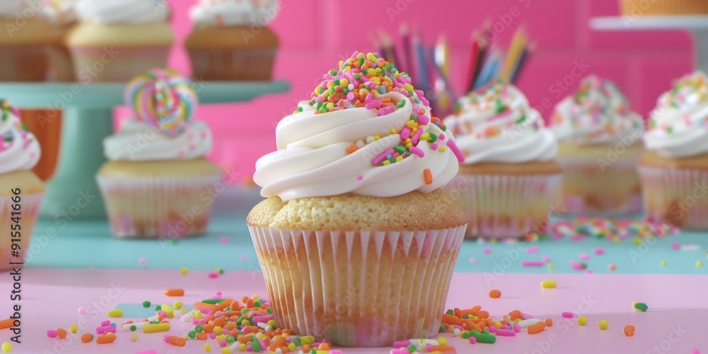 Close-up of a colorful cupcake with sprinkles. Close-up of a colorful cupcake with sprinkles.