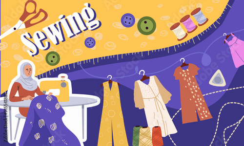 Collage sewing workshop, hand drawn vector illustration vector illustration.