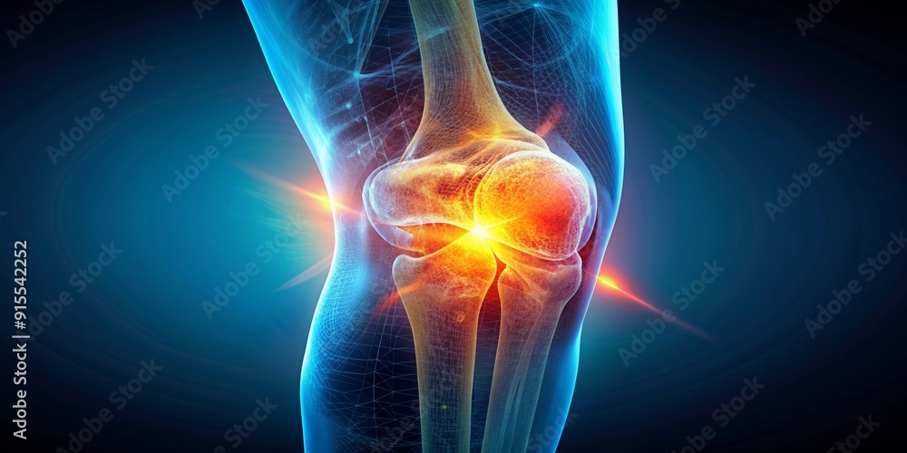 Close-up image of an inflamed knee surrounded by hologram, inflammation, knee pain, medical, health, holographic, technology Close-up image of an inflamed knee surrounded by hologram, inflammation, knee pain, medical, health, holographic, technology